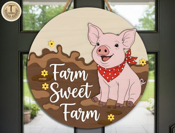 Farm Sweet Farm Pig Door Hanger SVG: A Layered Design Asset